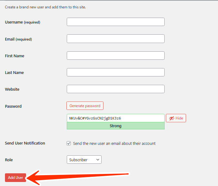 WordPress Dashboard - Add User