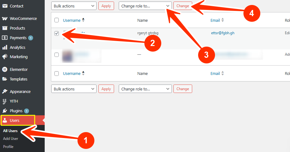 WordPress Dashboard - Users - All Users - Change Role