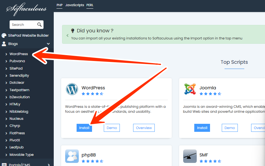 Softaculous Homepage - WordPress - Install