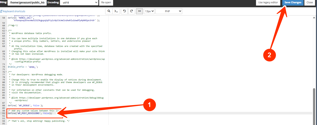 wp-config.php - False - Save Changes