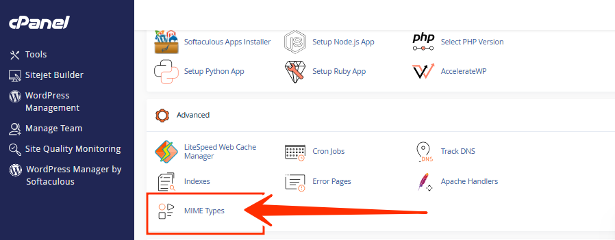 cPanel - Advanced section - MIME Types
