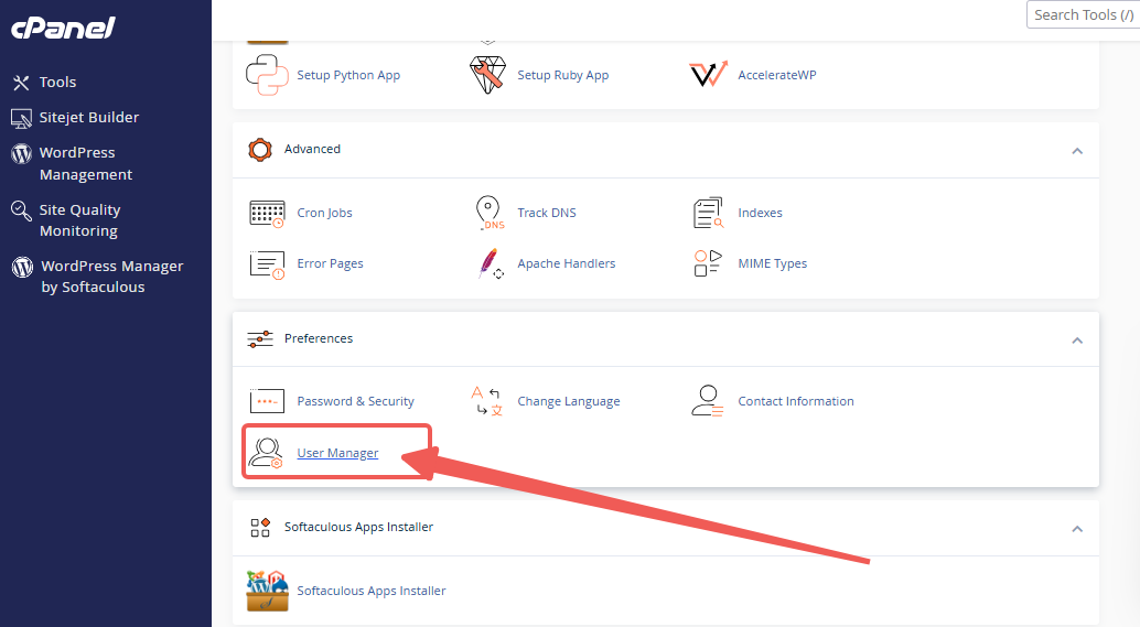 cPanel - Preferences - User Manager