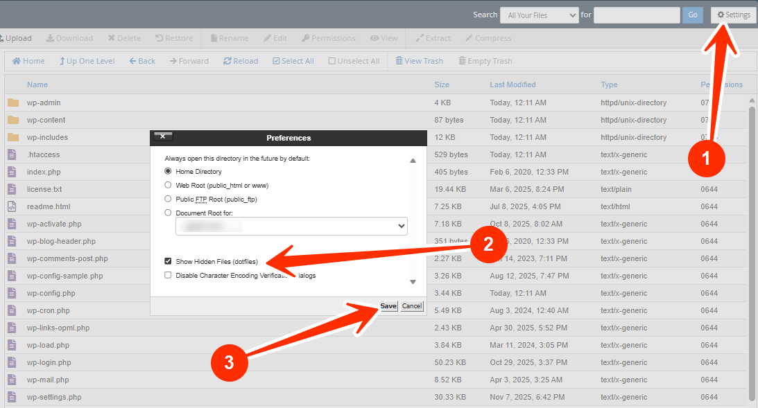 Settings - Show Hidden Files - Save