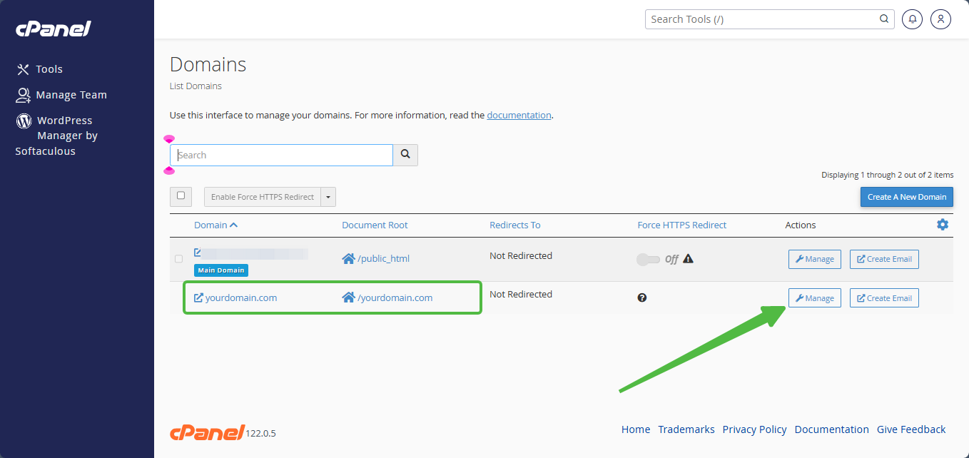 cPanel Manage Domain