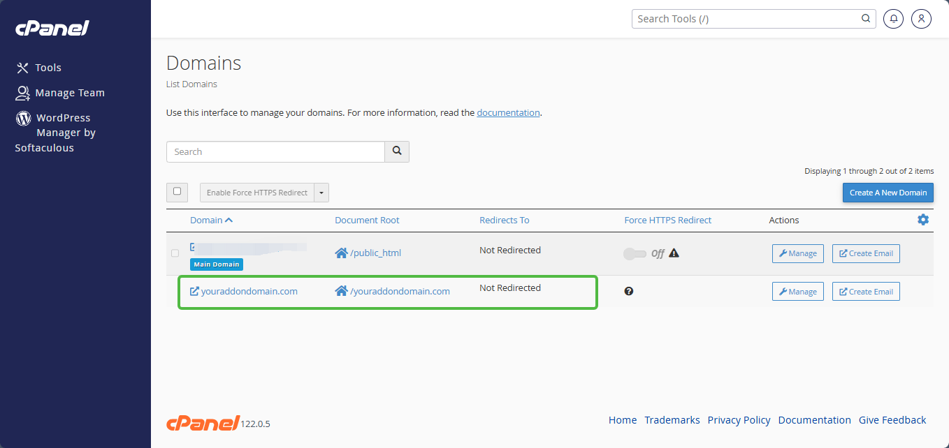 Document Root - Access Addon Domain