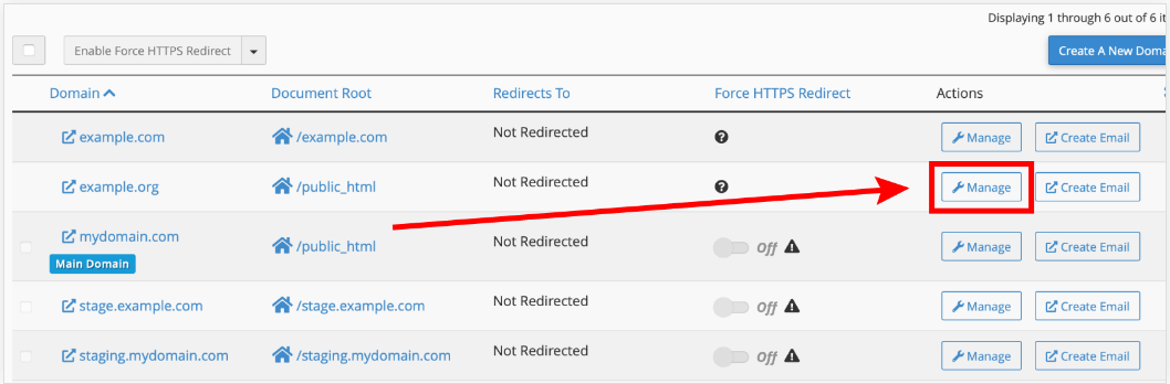 Document Root - Domain Directory - Manage