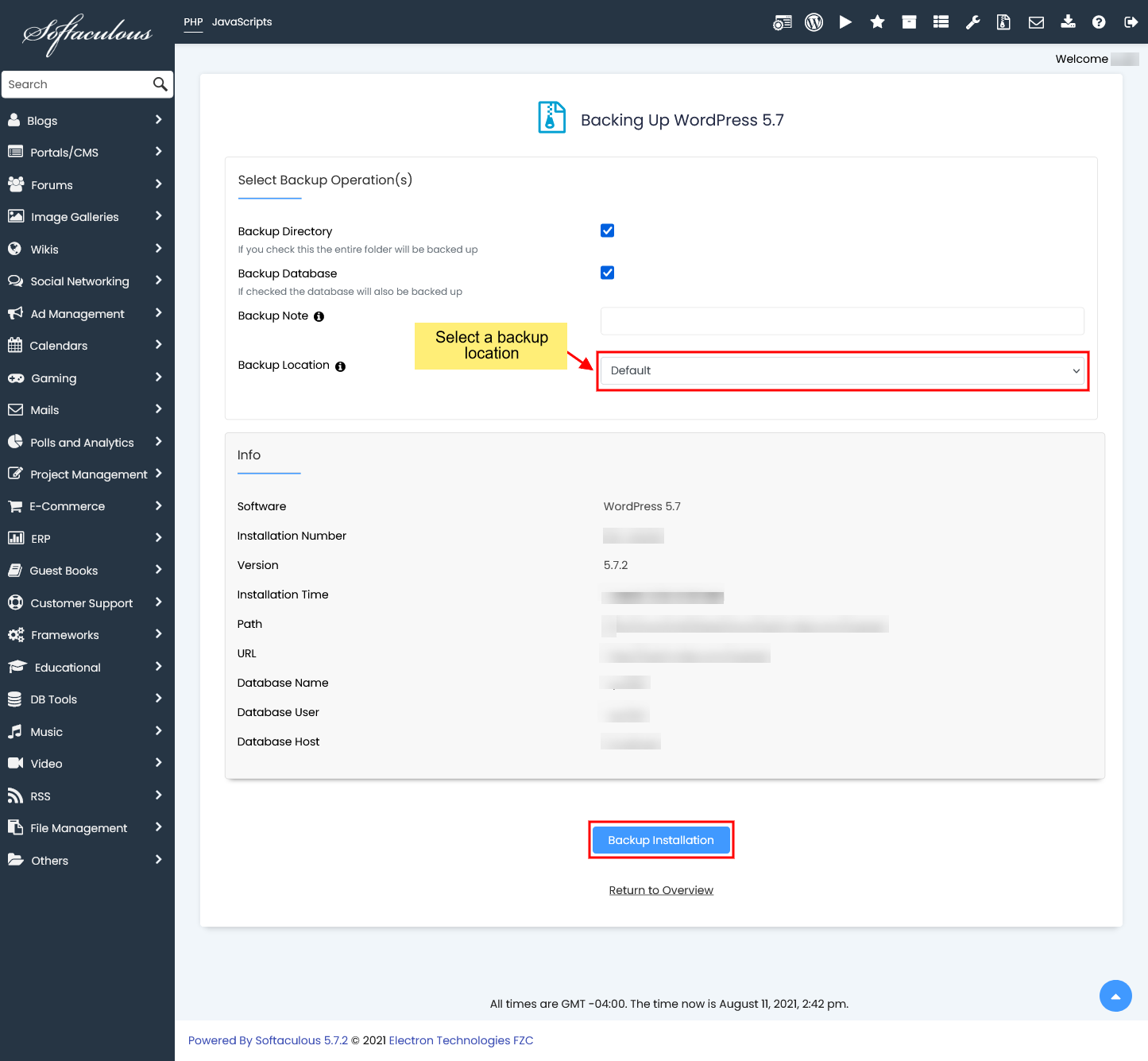 Softaculous - Backup Location - Backup Installation