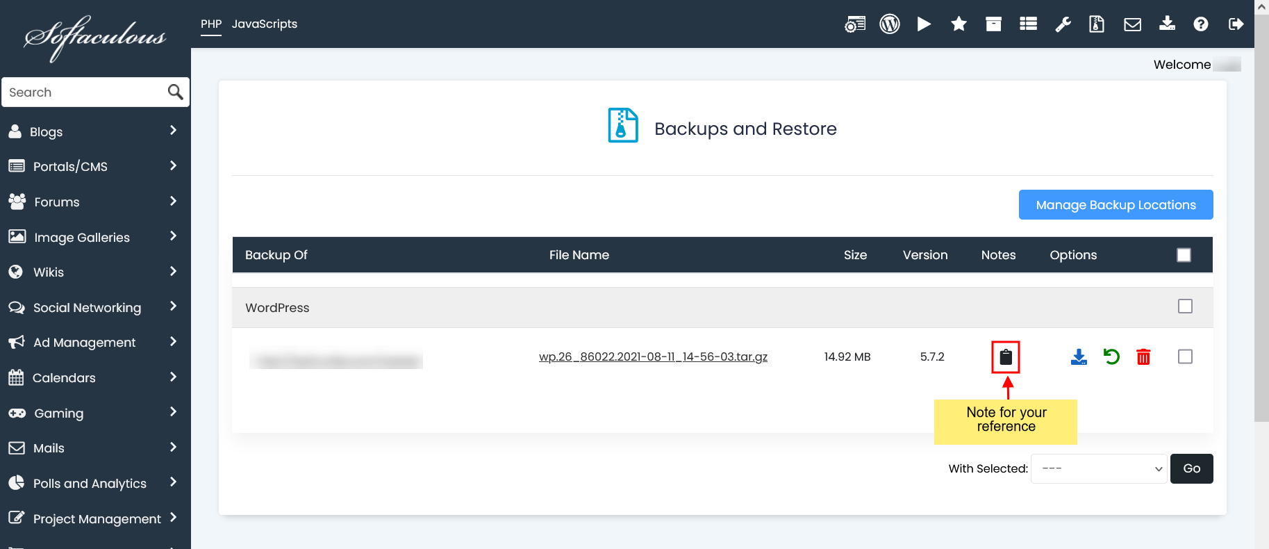 Softaculous - WordPress - Backups and Restore - Notes