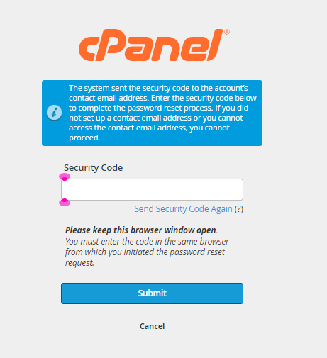 cPanel - Security Code - Submit