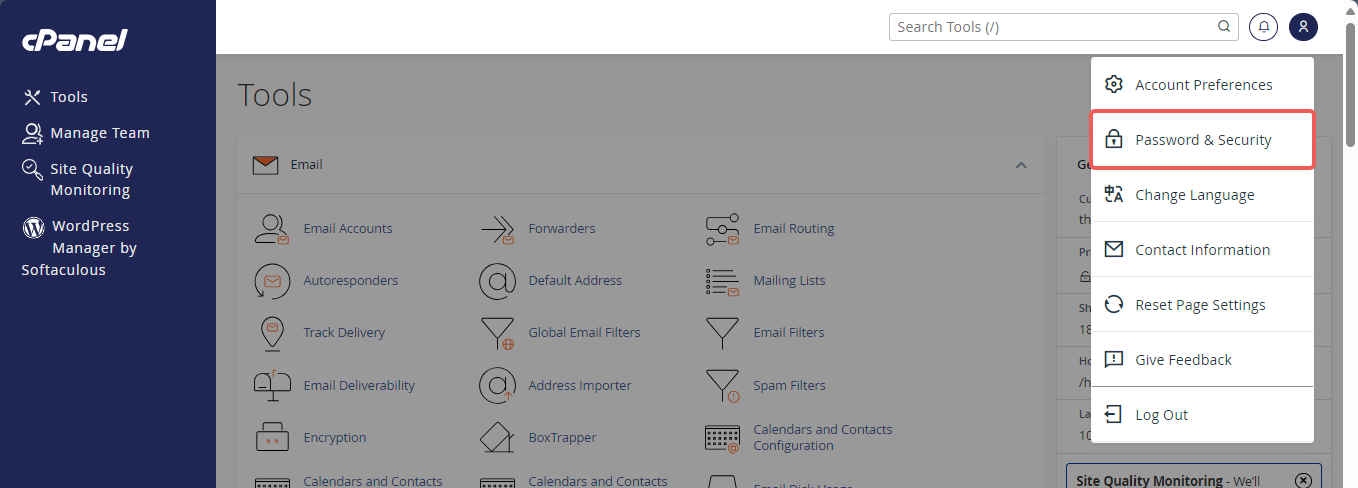 cPanel - User Menu - Password & Security