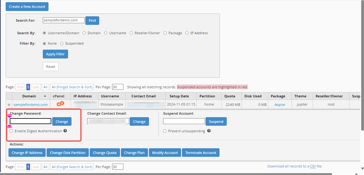 WHM - cPanel Account - Change Password Area