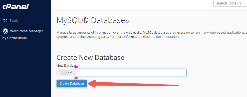 cPanel - New Database Field - Create Database