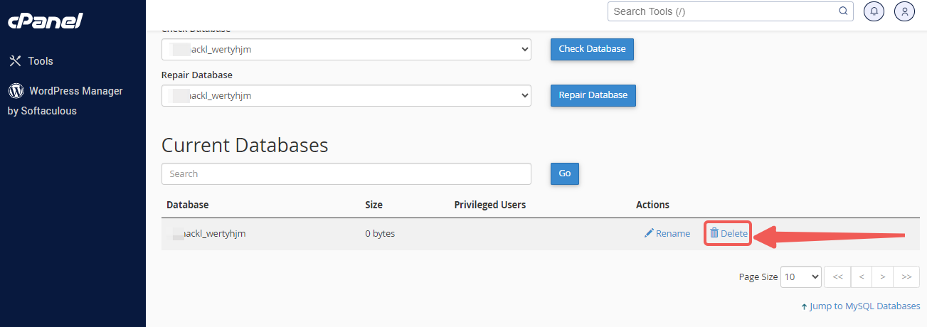 cPanel - Current Databases - Actions - Delete