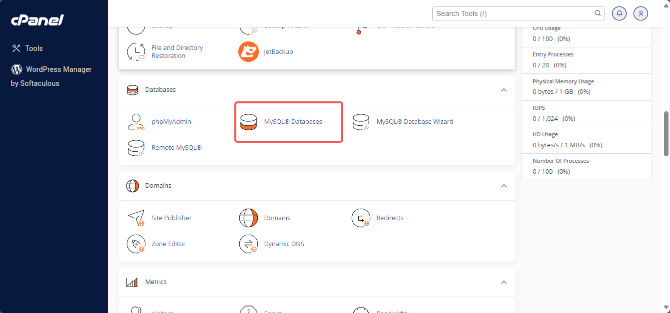 cPanel - Databases Section - MySQL Databases