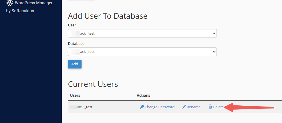 cPanel - Database User - Delete