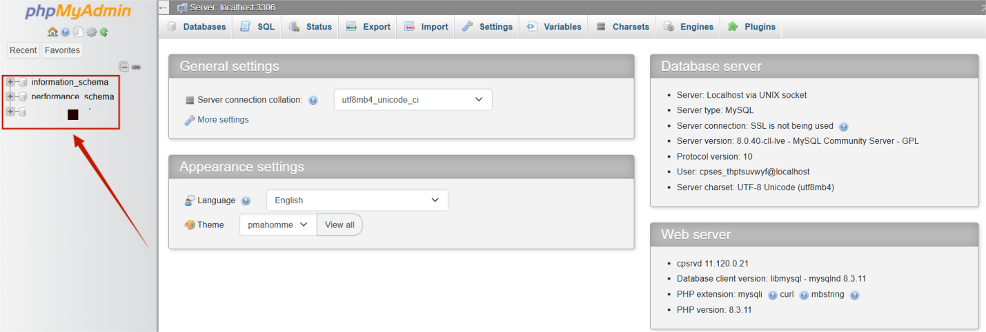 phpMyAdmin Homepage - Left-side Column