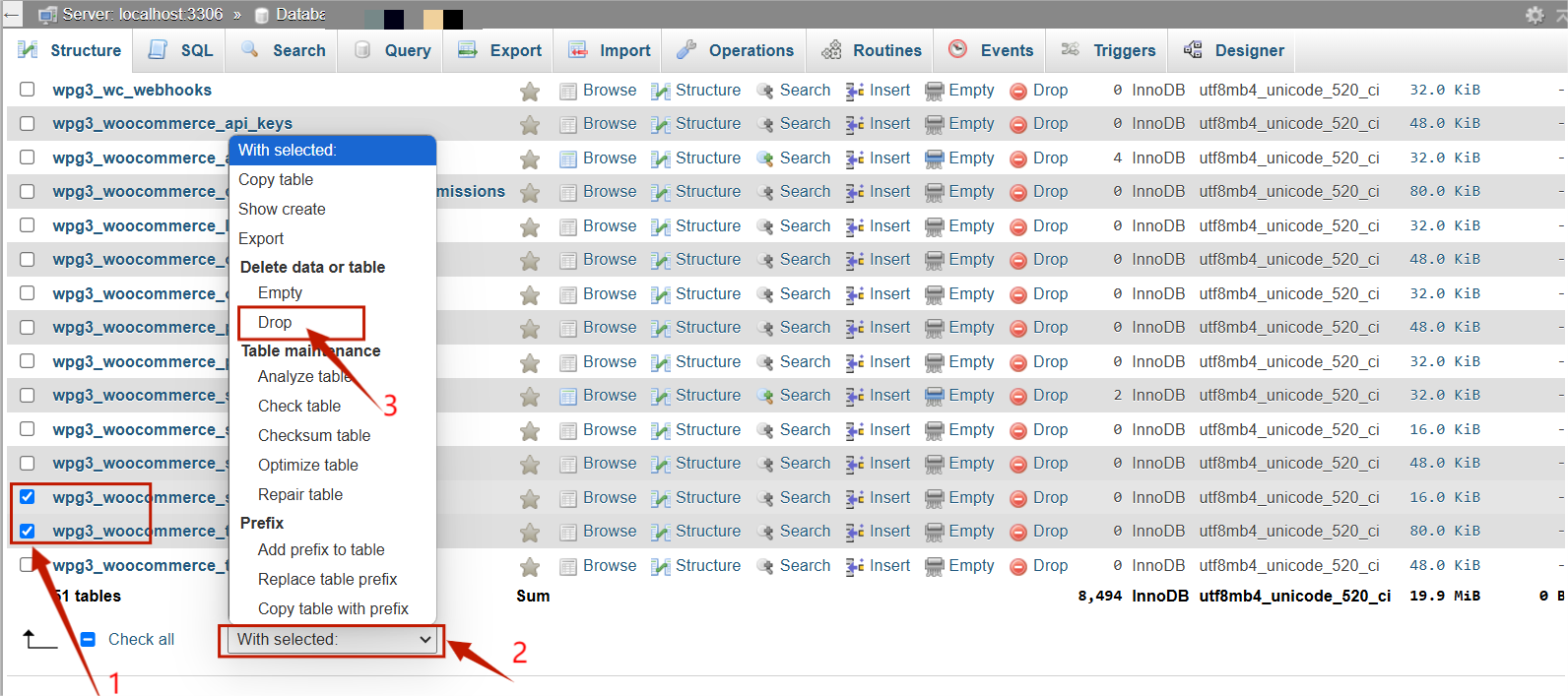 phpMyAdmin - Tables - Drop - Empty