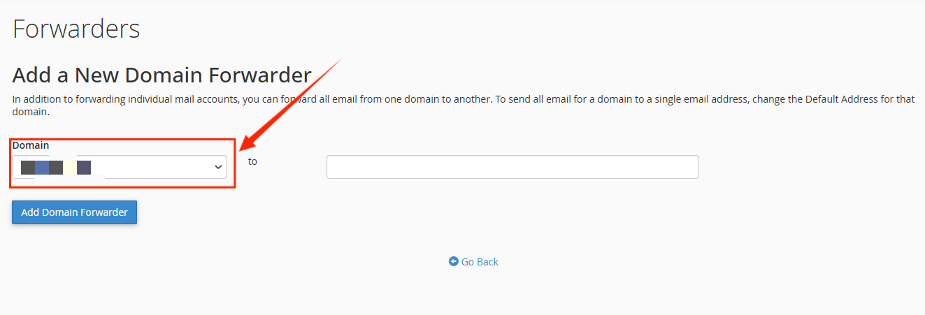 Forwarders - Add a New Domain Forwarder - Domain Dropdown Menu