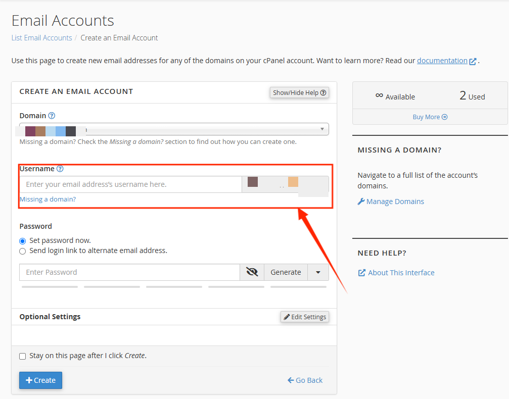 Email Accounts Page - Username Field - Email Address