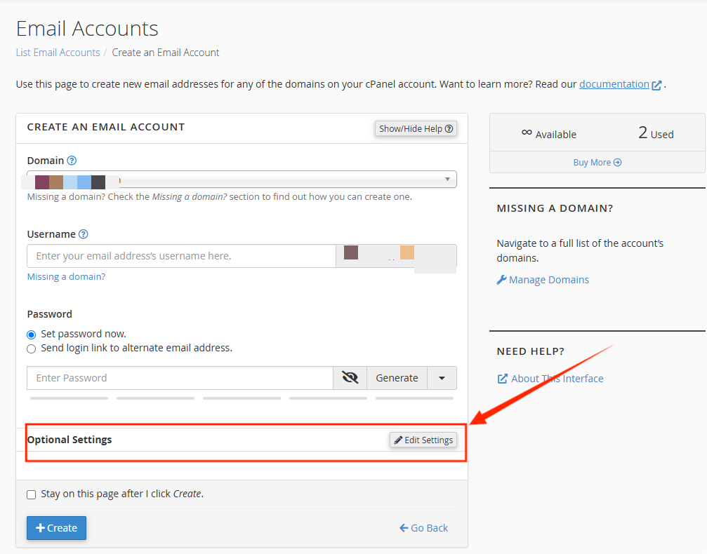 Email Accounts Page - Optional Settings - Edit Settings