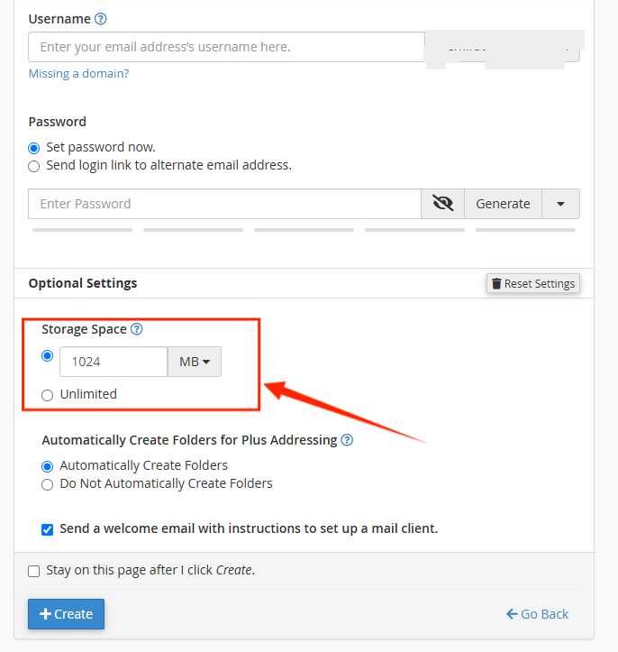 Email Accounts Page - Edit Settings - Storage Space