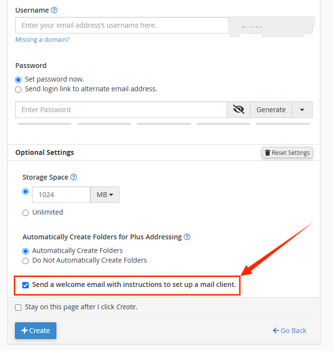 Email Accounts Page - Edit Settings - Welcome email with instructions to set up a mail client