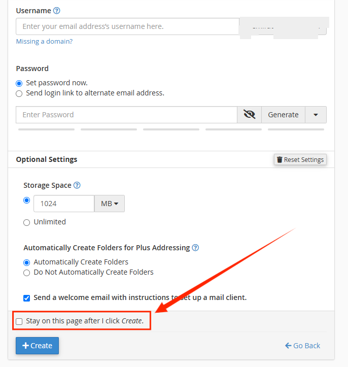 Email Accounts Page - Edit Settings - Stay on this page after I click Create