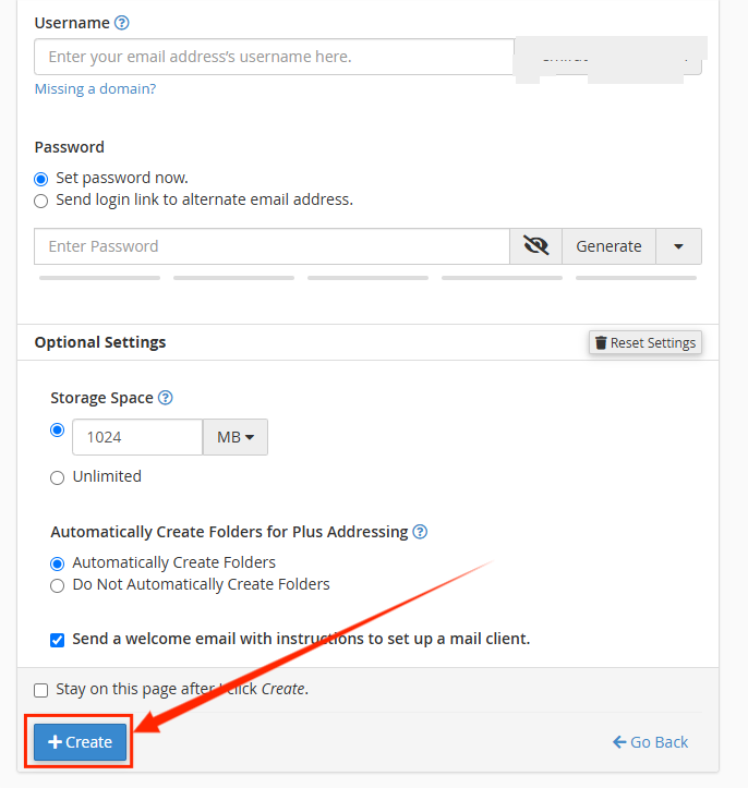 Email Accounts Page - Edit Settings - +Create