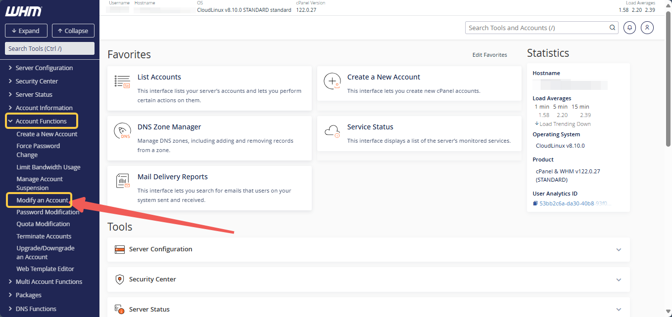 WHM - Bandwidth and WebSpace - Account Functions - Modify an Account