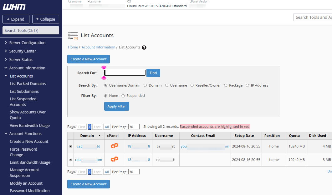 WHM - Bandwidth and WebSpace - List Accounts - cPanel Account