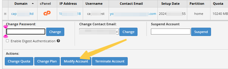 WHM - Bandwidth and WebSpace - List Accounts - Modify Account