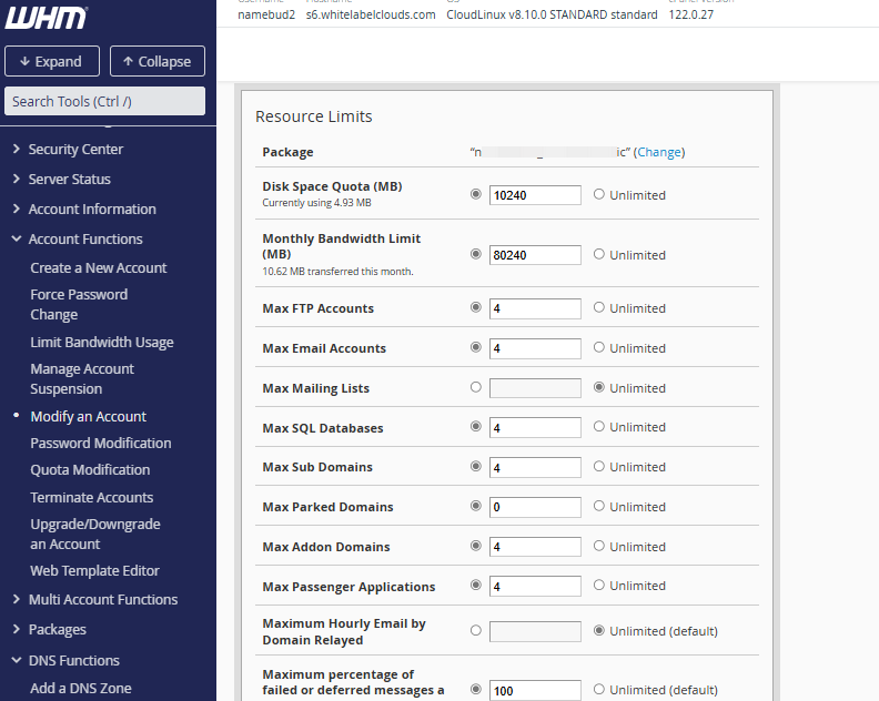 WHM - Bandwidth and WebSpace - Resource Limits