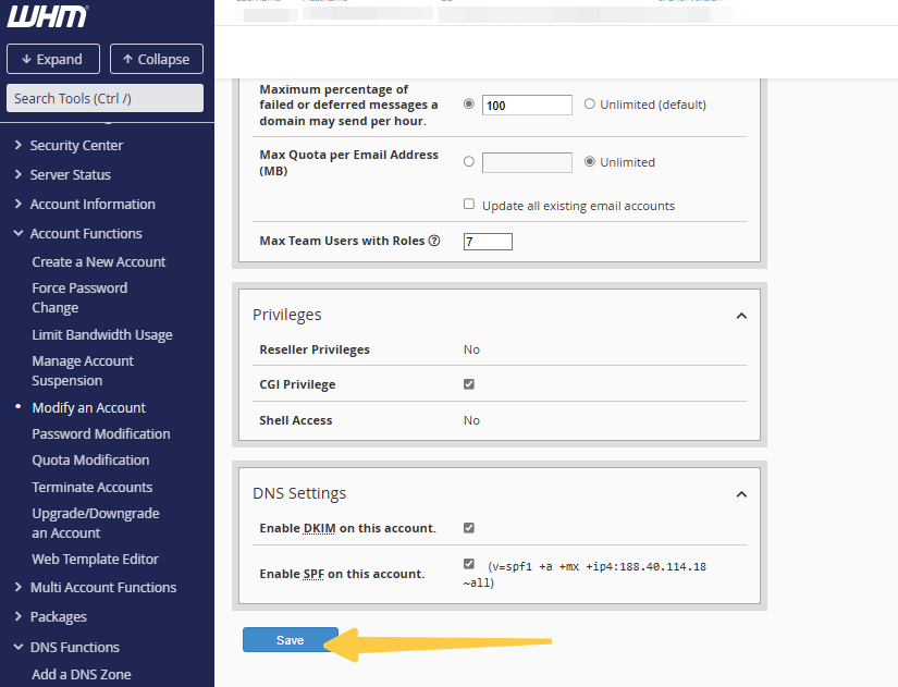 WHM - Bandwidth and WebSpace - List Accounts - Save