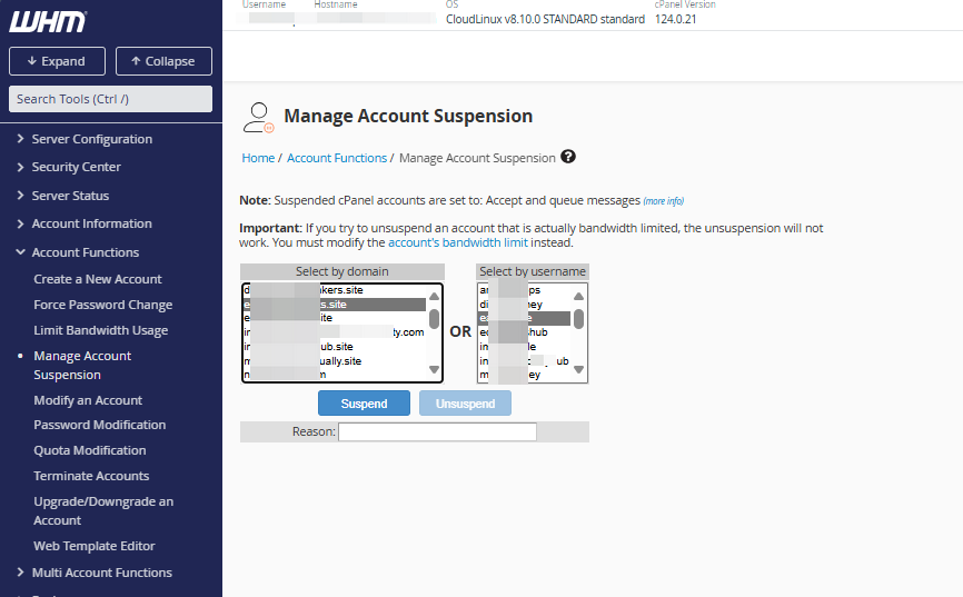 WHM - Click on Suspend