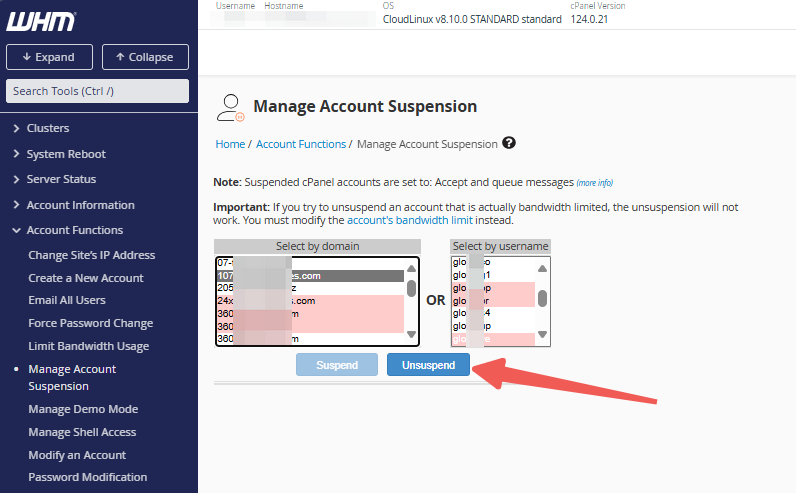WHM - Click on Unsuspend