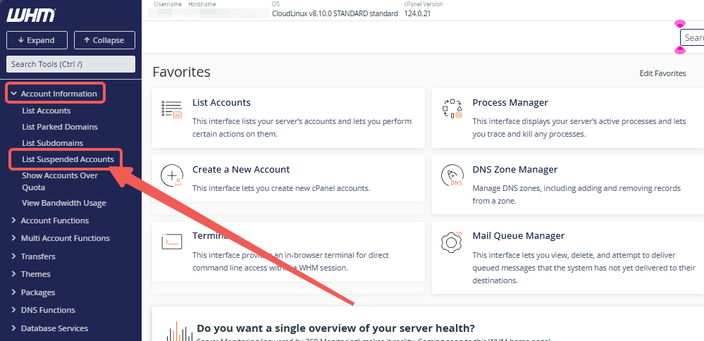 WHM - Account Information - List Suspended Accounts