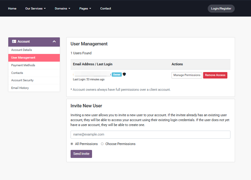 Customer Portal - User Management Page - Invite New User - Send Invite