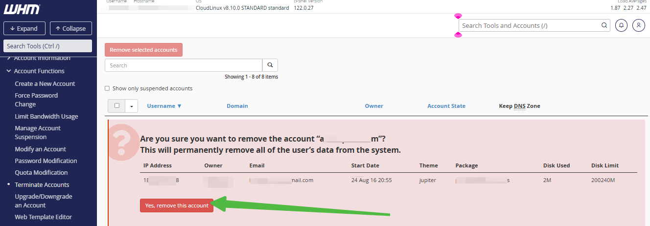 WHM - Yes, remove this account