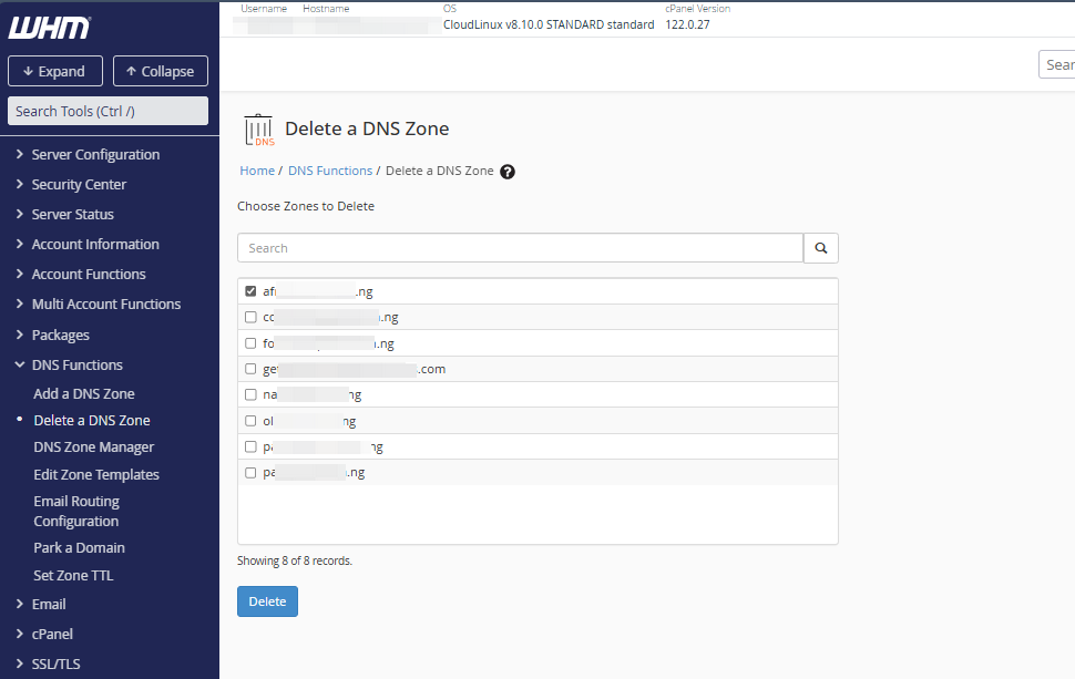 WHM - Delete a DNS Zone - Select Domain to Delete