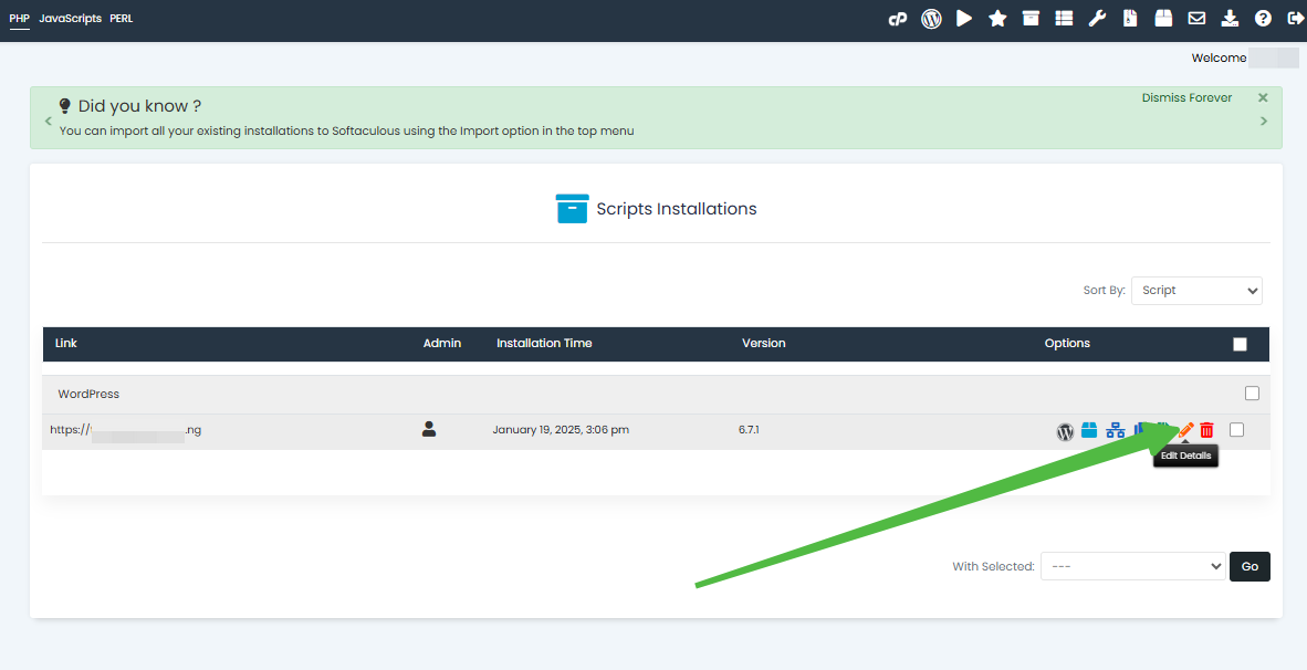 Softaculous - Scripts Installations Page - Edit Details