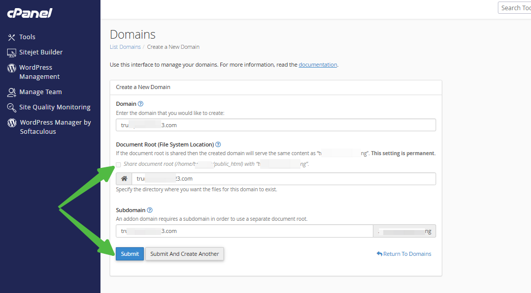 cPanel - Domains Section Page - Create a New Domain - Submit