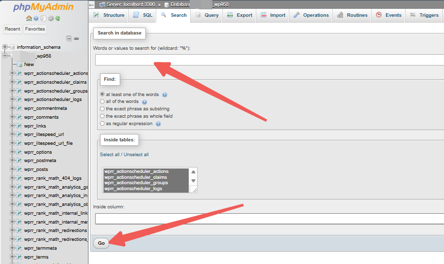 phpMyAdmin - Words or Values to Search for - Go