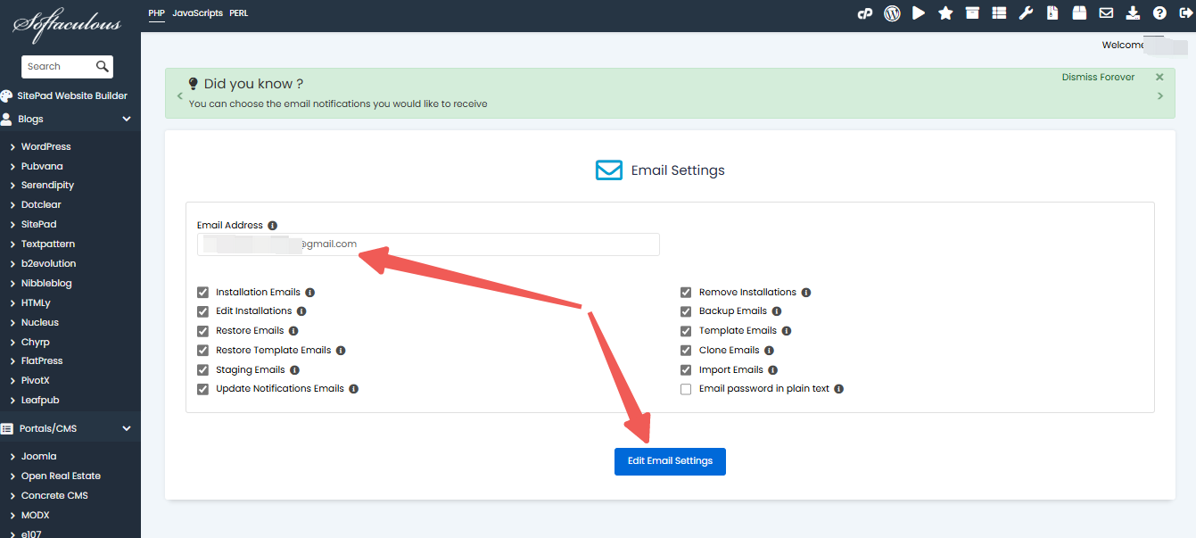 Softaculous - Edit Email Settings