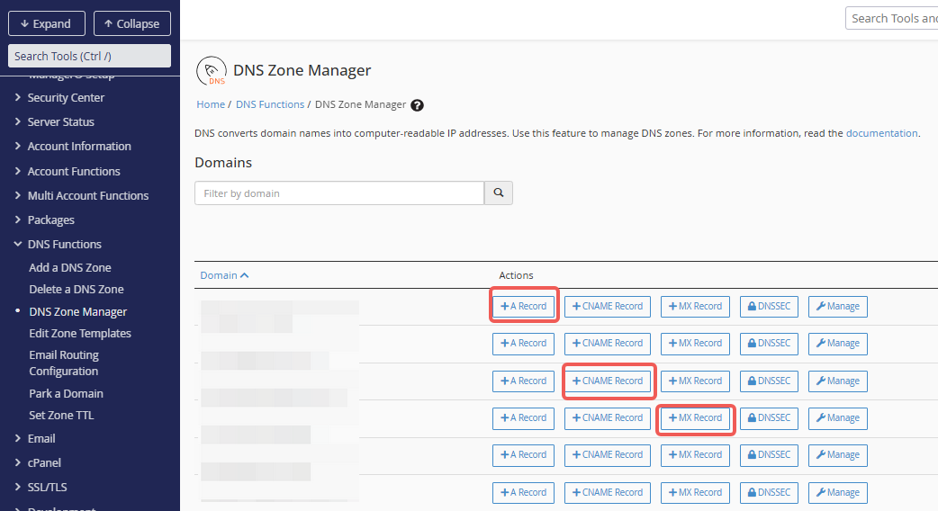 WHM - DNS Zone Manager Key Actions