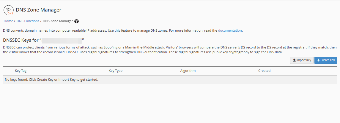 DNS Zone Manager - DNSSEC Keys Interface