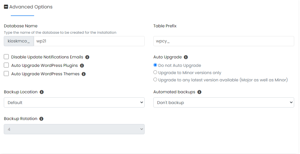 Lytehosting cPanel Softaculous WordPress Advanced Options