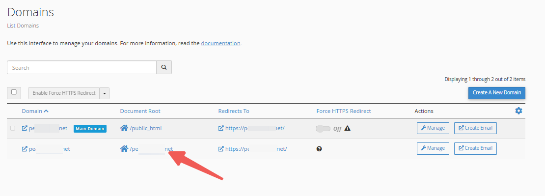 Domains Page - Click on Document Root