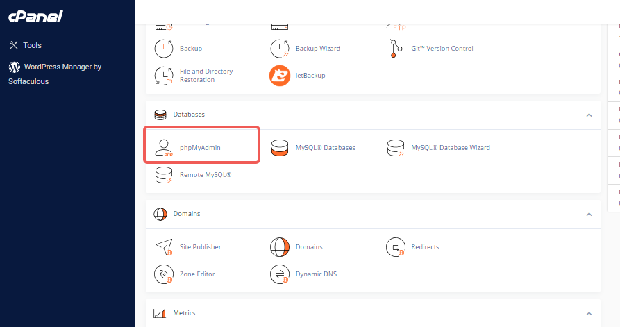 cPanel - Databases Section - phpMyAdmin