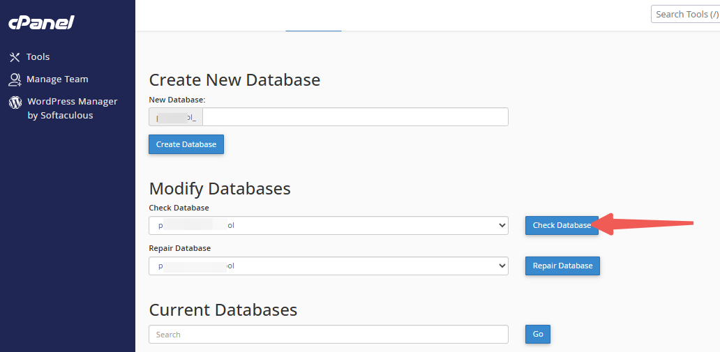 cPanel - Modify Databases - Check Database