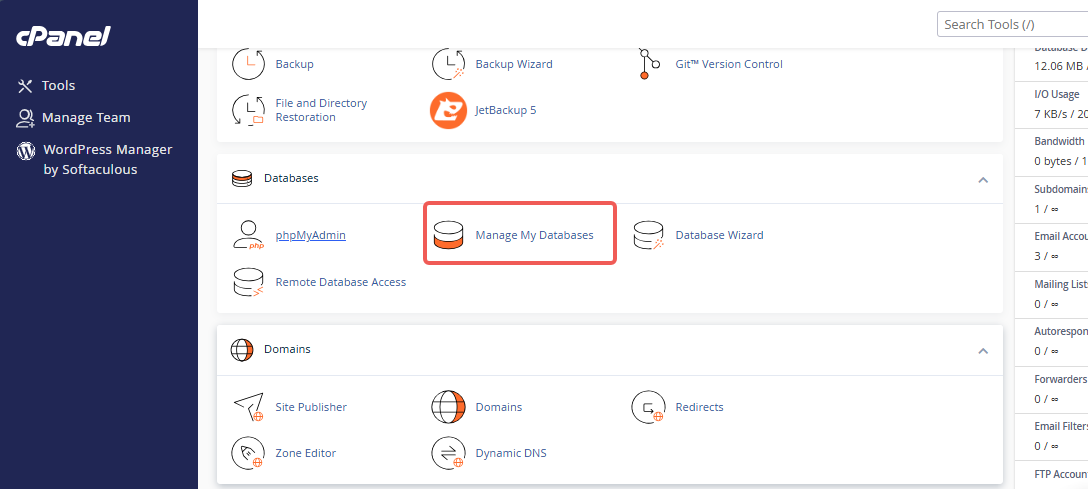 cPanel - Databases Section - Manage My Databases